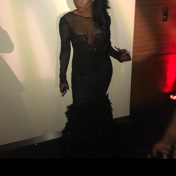 Black Feather Mermaid Prom Dress - Picture 5 of 5